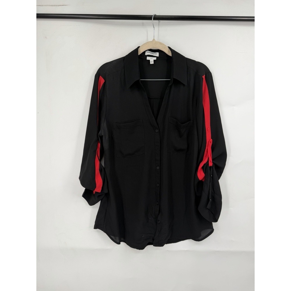 Express Portofino Slim Fit Roll Tab Sleeve Button Blouse Women L Black Red